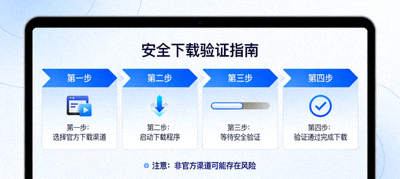 电脑屏幕上显示安全下载验证步骤的示意图
