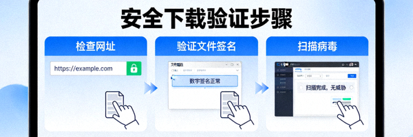 电脑屏幕上显示安全下载验证步骤，包括检查网址、验证文件签名和扫描病毒的示意图