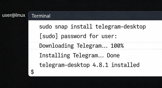 Linux终端中执行Snap命令安装Telegram的示例截图