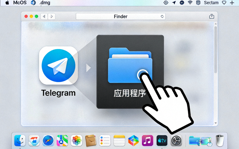 macOS系统打开.dmg文件后的窗口截图，展示将Telegram图标拖拽到应用程序文件夹的步骤