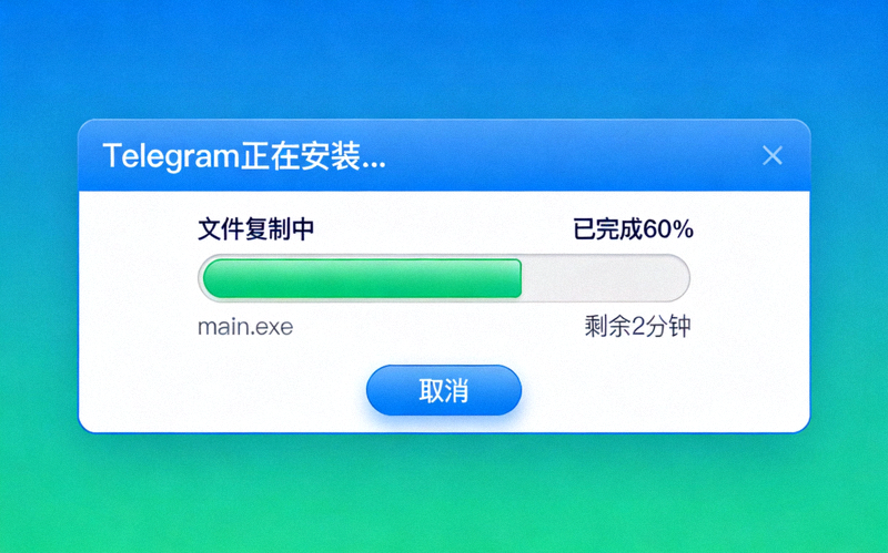 Telegram安装进度条界面截图，显示文件复制和安装过程的进度