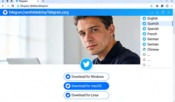 Telegram官方网站desktop.telegram.org首页截图，突出显示下载按钮和语言选择区域