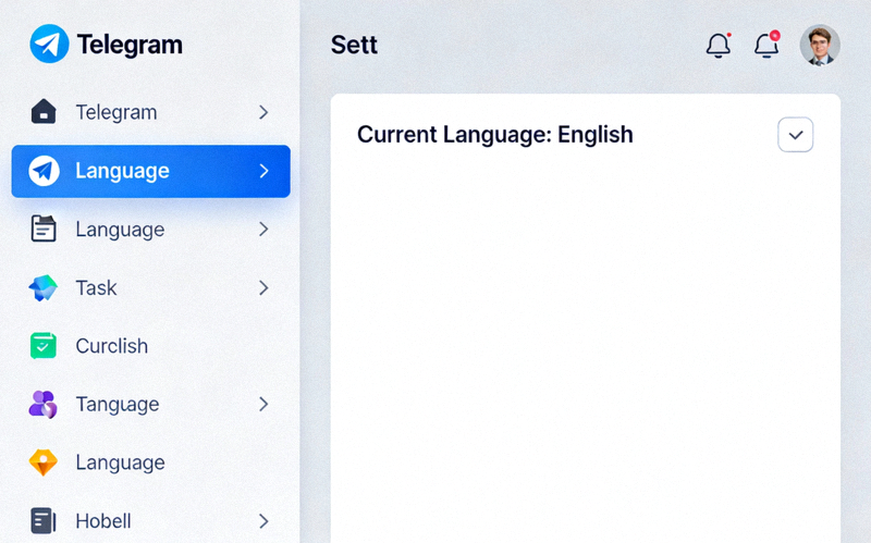 Telegram设置界面截图，左侧导航栏高亮显示Language语言选项，右侧显示当前语言为English