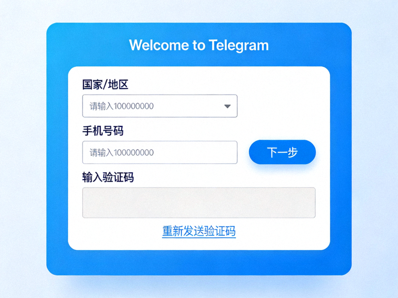 Telegram首次启动登录界面截图，展示输入手机号码和验证码的区域