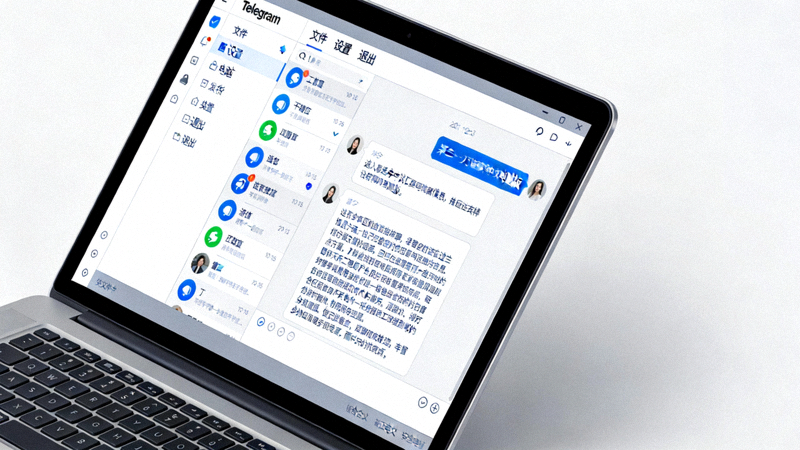 Telegram中文电脑版在笔记本电脑上的运行截图，展示了清晰的聊天界面和中文菜单