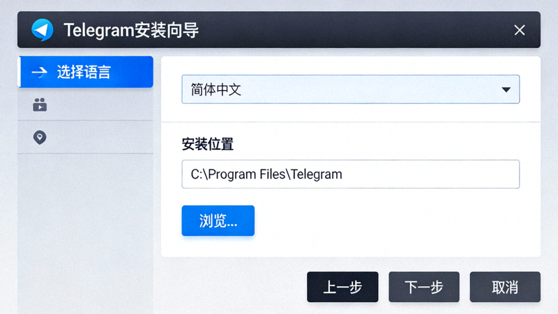 Telegram中文电脑版安装向导界面截图，显示语言选择和安装路径设置