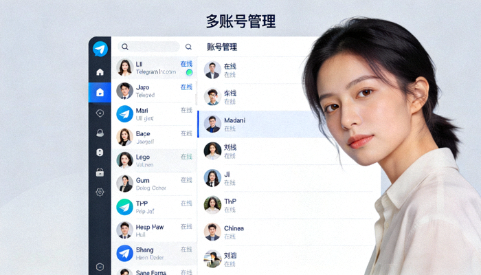 展示Telegram中文电脑版多账号登录管理界面的截图，侧边栏显示多个已登录账户