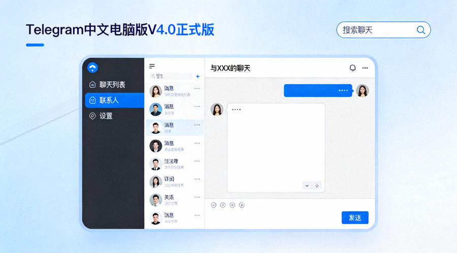 Telegram中文电脑版V4.0正式版主界面展示，包含新版聊天窗口和侧边栏