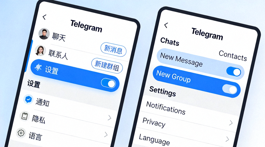 Telegram中文版与英文版主界面并排对比截图，清晰展示菜单、按钮和设置项的语言差异