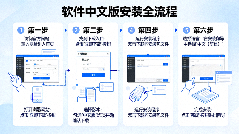 展示从官方网站下载到完成中文版安装的完整流程示意图