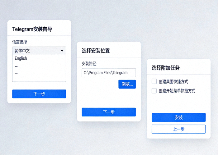Telegram安装向导步骤截图，展示了语言选择、安装路径和创建快捷方式等选项