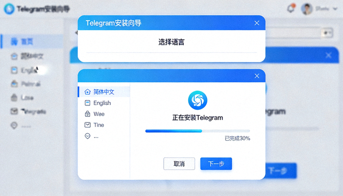 Telegram安装向导界面截图，展示语言选择和安装进度
