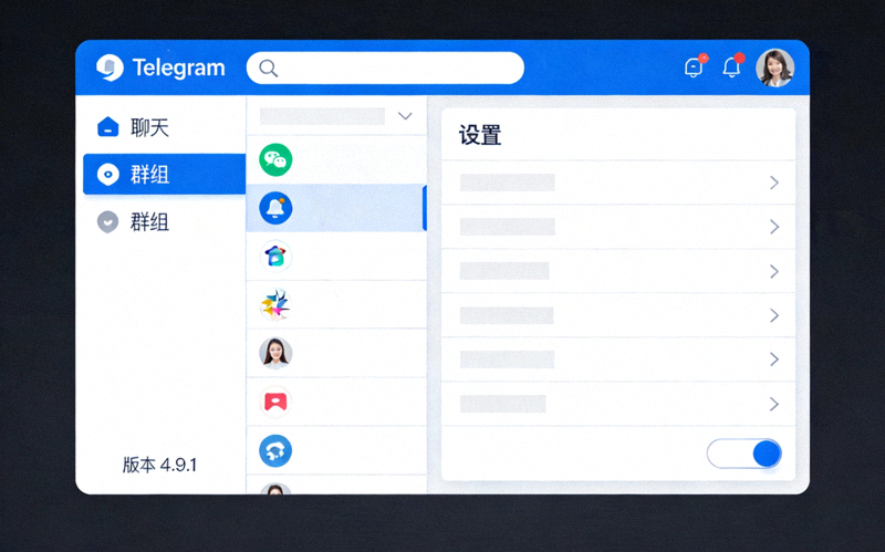 Telegram电脑版功能界面截图，展示聊天、群组和设置选项
