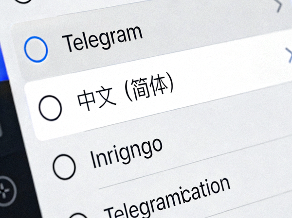 Telegram语言设置界面截图，显示中文语言选项
