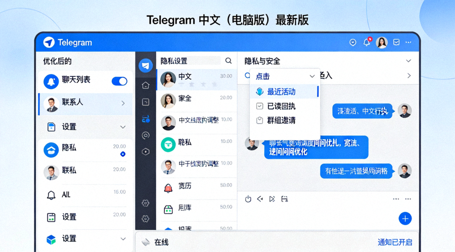Telegram中文电脑版最新更新后的主界面截图，展示了新的隐私设置选项和优化的侧边栏设计