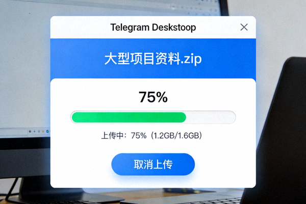 Telegram Desktop文件传输界面，显示大文件上传进度