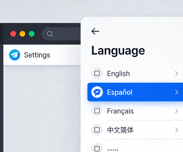 Telegram桌面版设置界面语言选项截图，展示如何从列表中选择中文简体