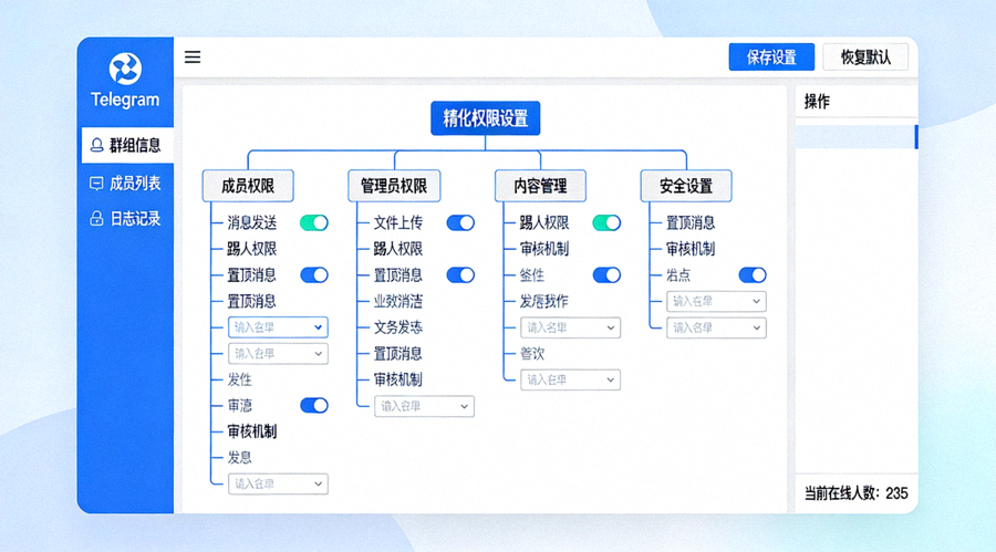 Telegram群组管理后台界面，展示了一个复杂的、树状结构的精细化权限设置面板