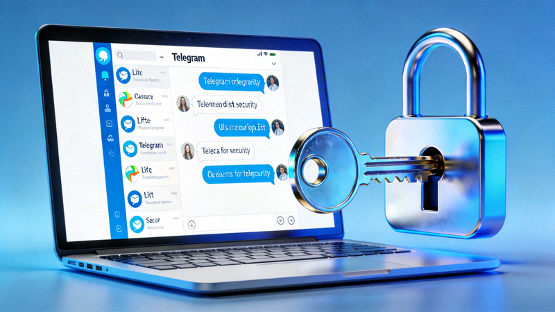 一台笔记本电脑屏幕上显示着Telegram应用界面，旁边有一把钥匙和锁的图标，象征安全与加密