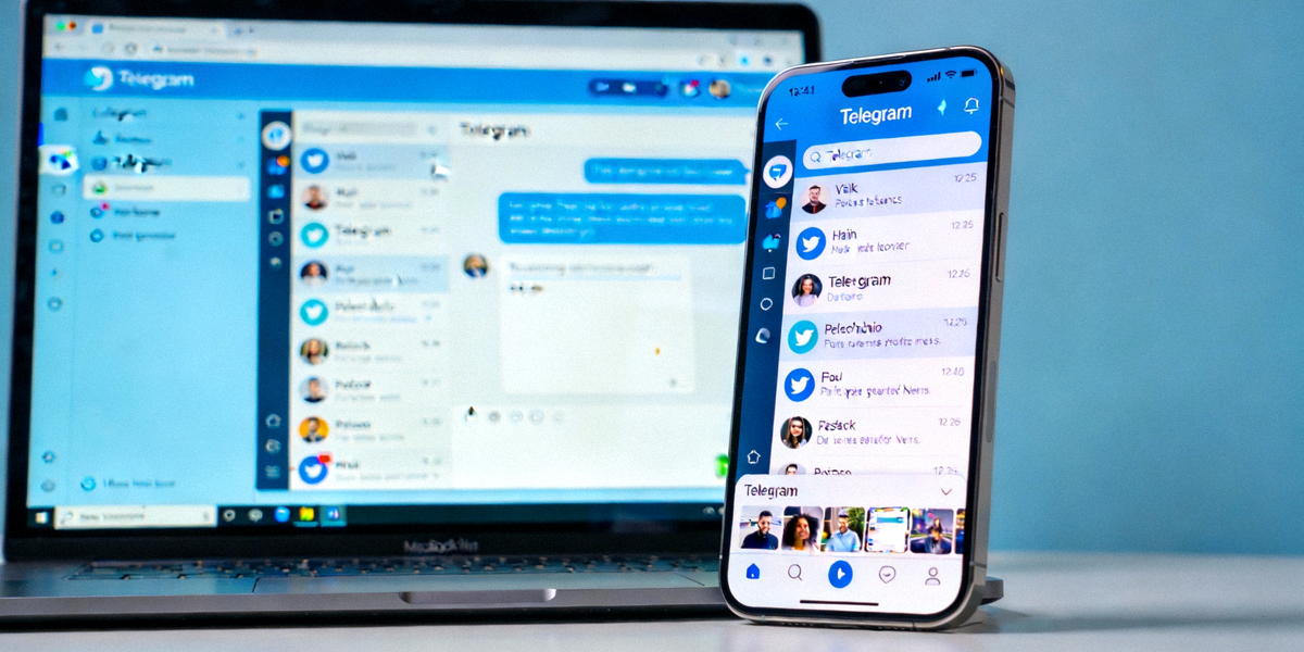 Telegram电脑版应用程序在笔记本电脑和手机屏幕上同时运行的界面展示