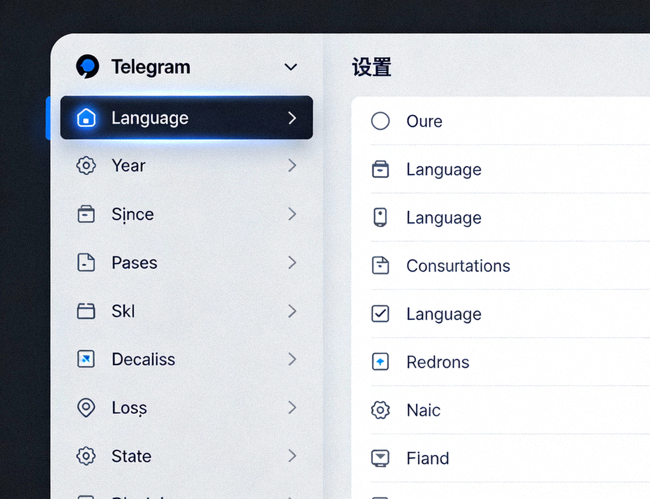 Telegram设置页面截图，左侧导航栏中‘Language’选项被高亮显示