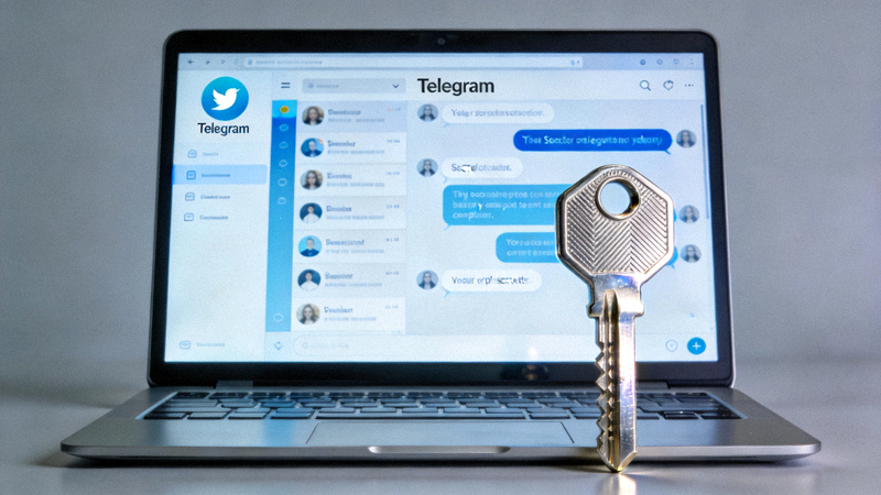 一台笔记本电脑屏幕上显示着Telegram应用界面，旁边有一把象征安全的钥匙