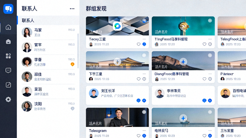 展示Telegram电脑版联系人列表和群组发现页面，界面语言为中文
