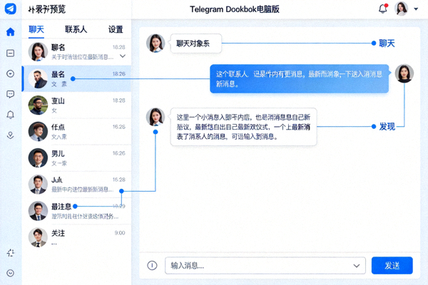 Telegram Desktop电脑版中文用户界面预览，展示聊天列表和对话框