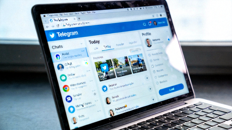 显示Telegram电脑版英文界面的笔记本电脑屏幕特写