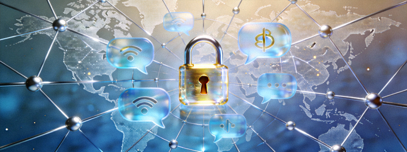 象征安全与沟通的抽象概念图，包含锁、对话气泡和全球网络元素