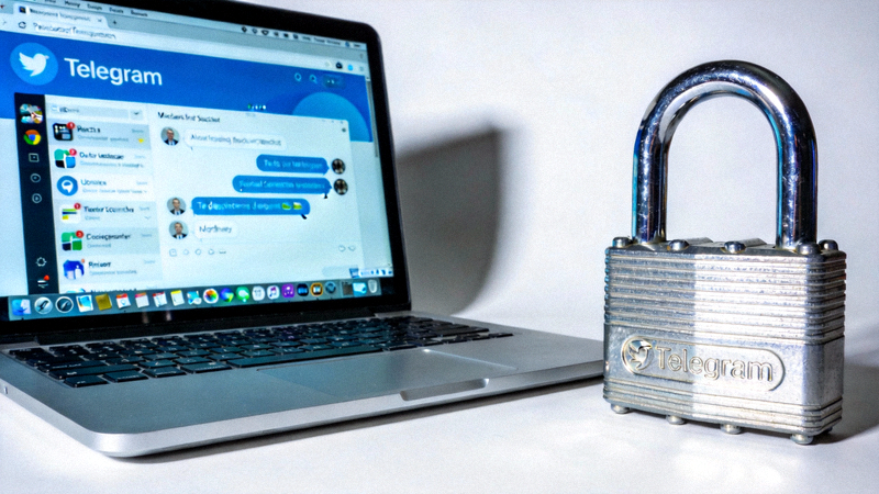 一台笔记本电脑屏幕上显示着Telegram应用界面，旁边有一把象征安全的锁