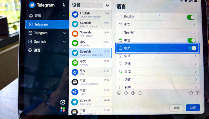 Telegram电脑版设置界面截图，展示语言选择菜单，高亮显示中文选项