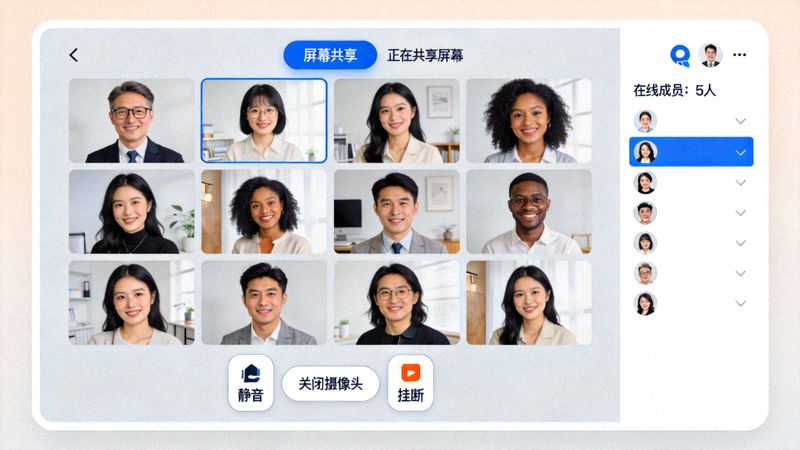 Telegram电脑版群组视频通话界面展示，包含多人视频窗口与屏幕共享功能