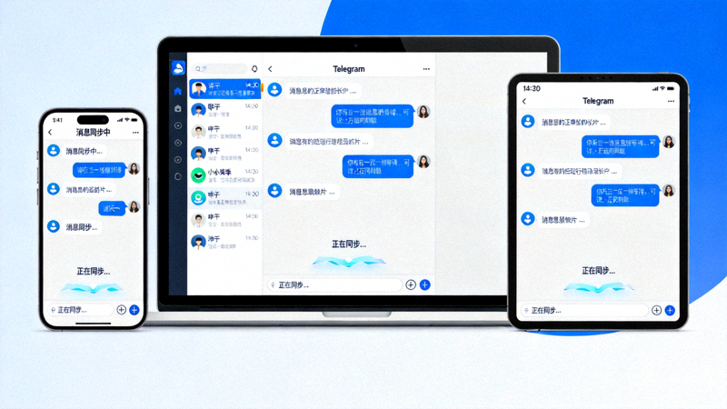 Telegram多设备同步功能界面展示，显示消息在手机、平板和电脑上实时同步