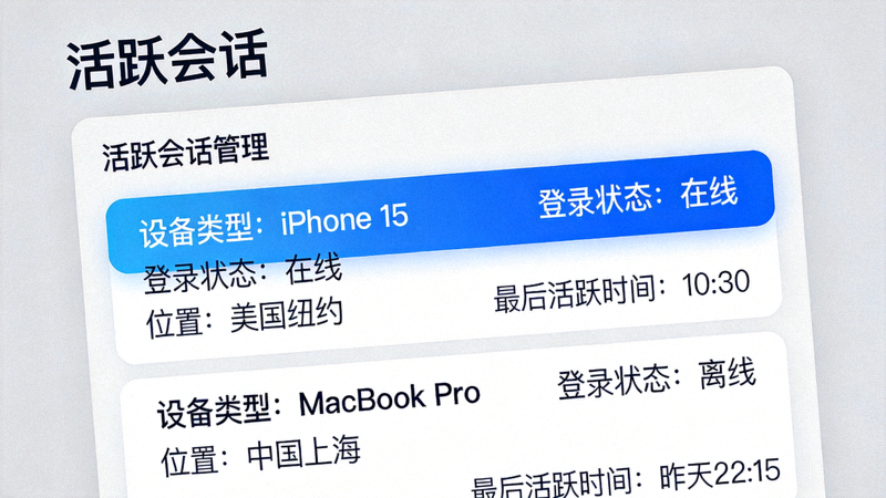 Telegram设置中的活跃会话管理页面，显示不同设备的登录状态和位置信息