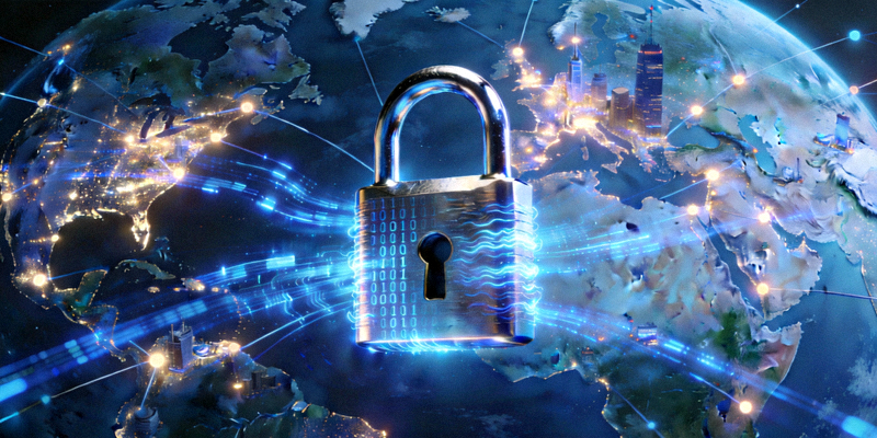 象征未来通信技术的概念图，包含加密锁、数据流与全球连接节点