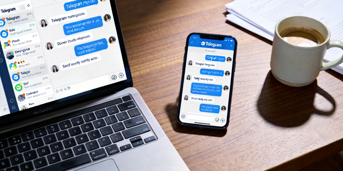 在笔记本电脑和智能手机上同时使用Telegram应用的场景展示
