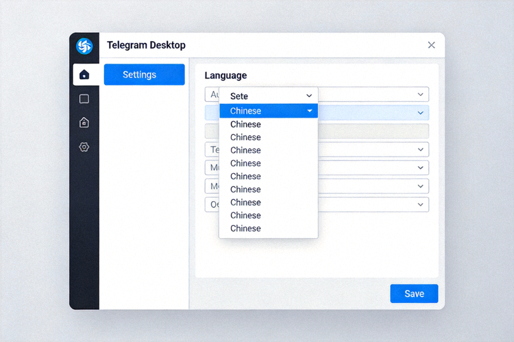 Telegram桌面版设置中选择中文语言选项的界面截图