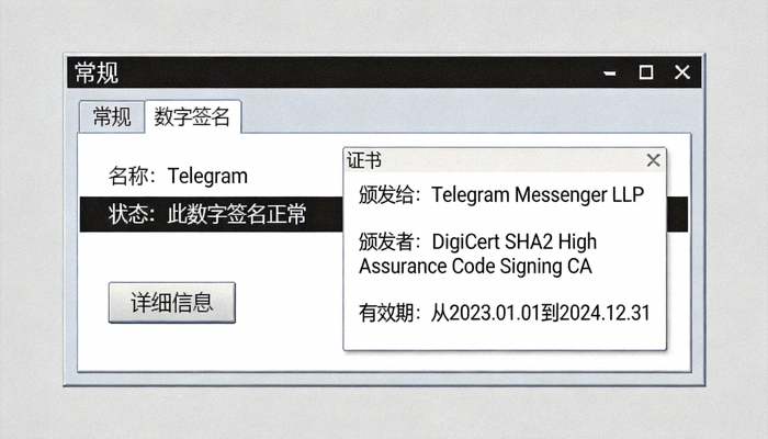 Windows系统属性中数字签名验证界面的示意图，展示有效的Telegram签名