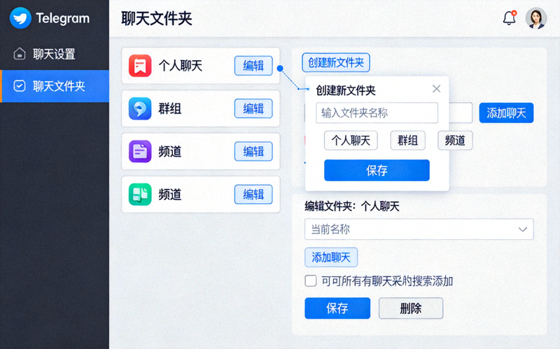 详细展示Telegram设置中创建和编辑聊天文件夹的操作界面
