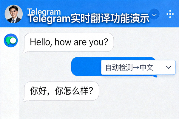 演示Telegram实时翻译功能：一条英文消息下方显示中文翻译结果